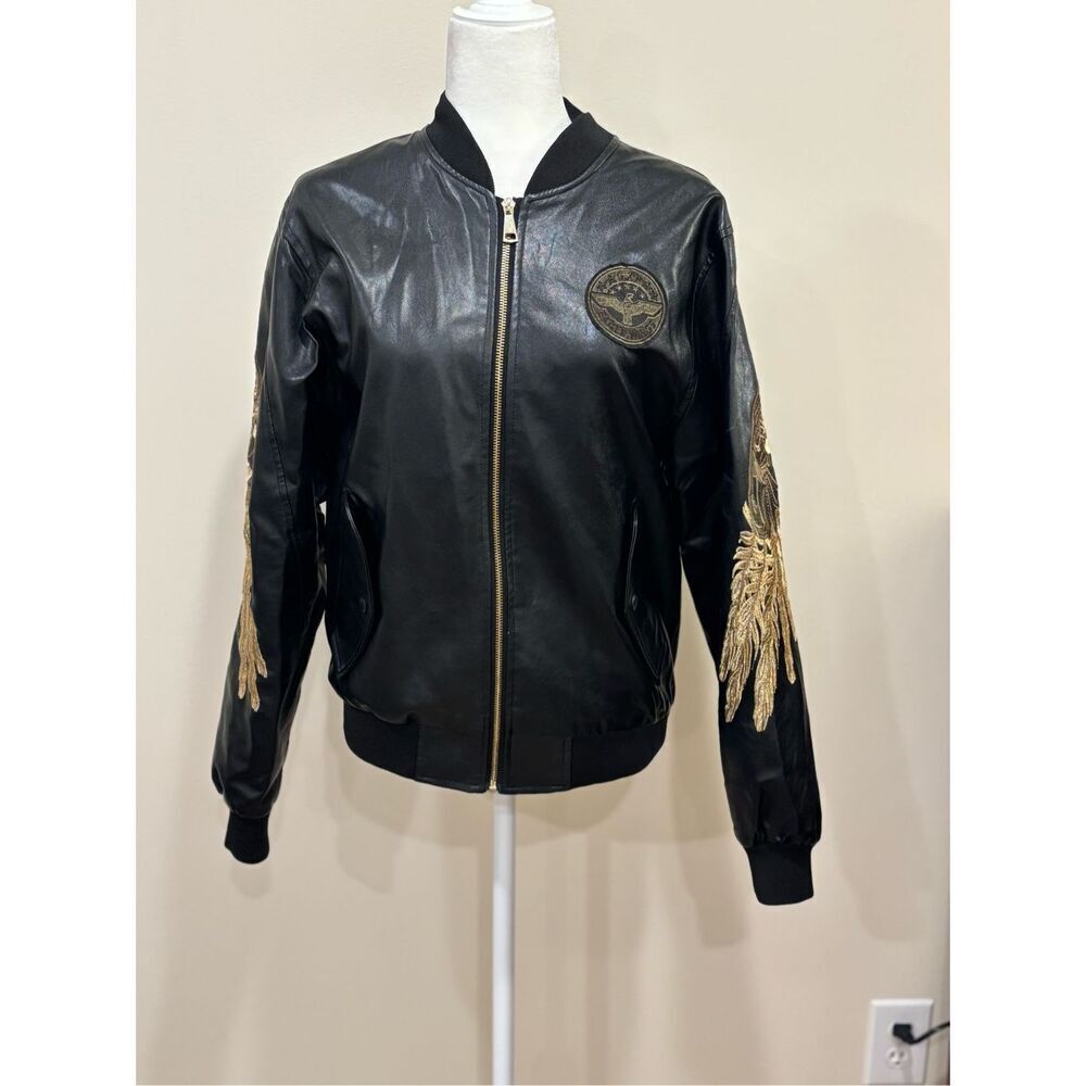**SALE** Men's GXP Eagle Wings Full Zip Faux Leather Bomber Jacket Black Medium